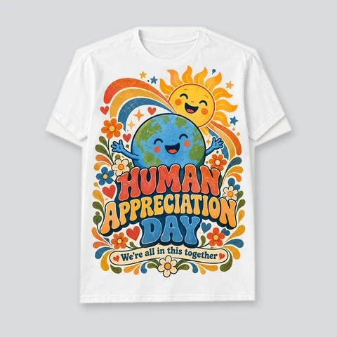 White T-shirt with a smiling Earth and sun, retro flowers, and Human Appreciation Day lettering.