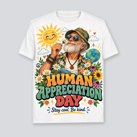 White T-shirt with a smiling, bearded grandpa holding a daisy, sunshine, and colorful Human Appreciation Day lettering.