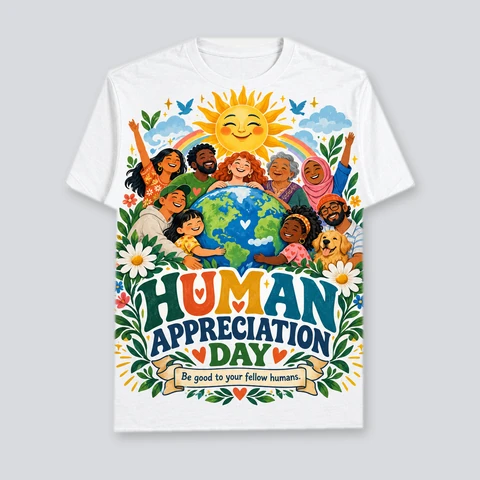 White T-shirt with a diverse group of people around Earth, a smiling sun, and flowers.