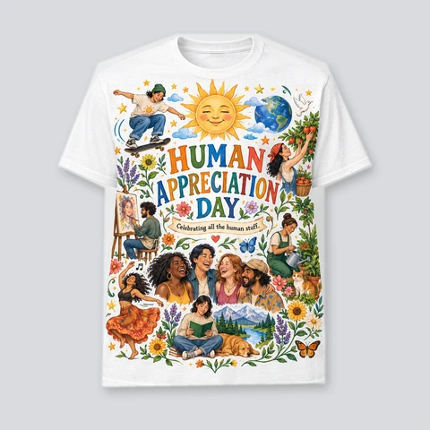 White T-shirt with a collage of everyday human activities, friendship, music, nature, and Human Appreciation Day lettering.