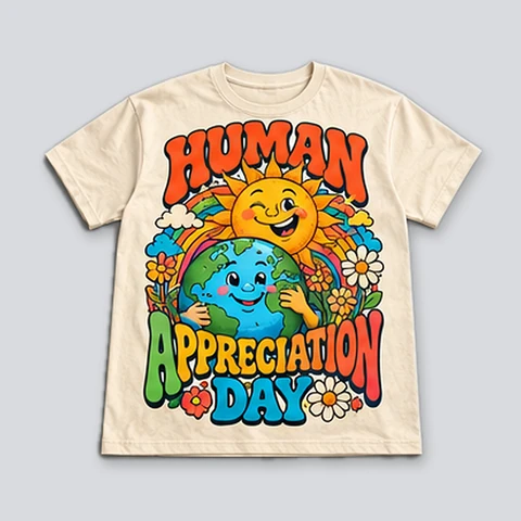 Cream T-shirt with a colorful retro smiling Earth and sun surrounded by daisies and bold lettering.