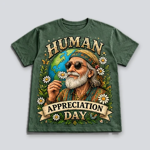 Green T-shirt with a bearded grandpa in sunglasses smelling a daisy, with a globe and vintage lettering.