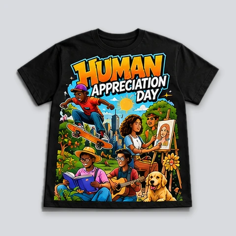 Black T-shirt with a comic-style community of people skating, painting, reading, and playing music.