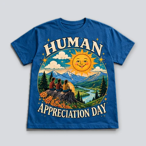 Blue T-shirt with friends looking out over a mountain valley, a river, and a smiling sun.