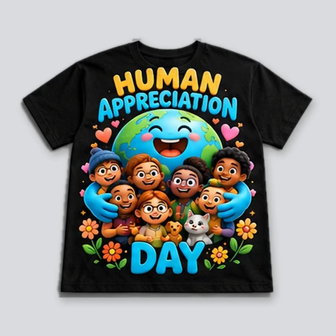 Black T-shirt with joyful cartoon friends and a cat hugging a smiling Earth.