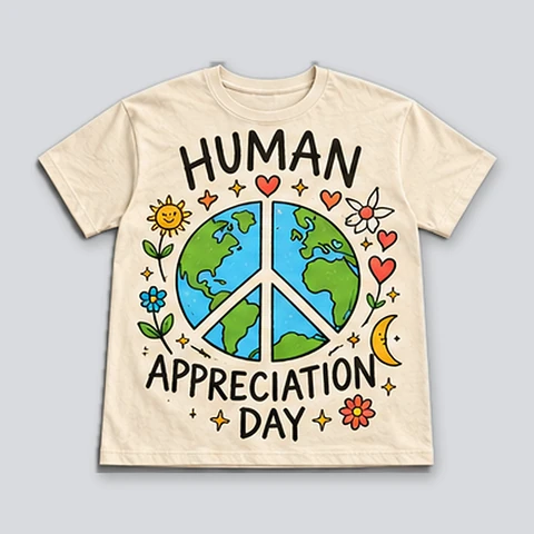 Cream T-shirt with a hand-drawn globe shaped as a peace sign, flowers, hearts, and Human Appreciation Day lettering.