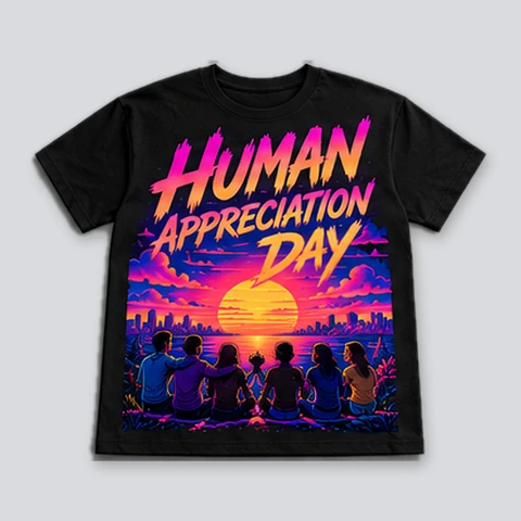 Black T-shirt with neon Human Appreciation Day lettering and friends watching a vivid retro sunset.