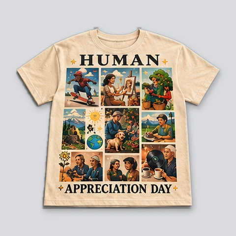 Cream T-shirt with a vintage collage of people creating, exploring, cooking, and sharing everyday moments.