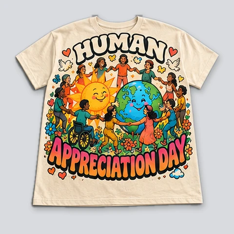 Cream T-shirt with a circle of people holding hands around a happy sun and Earth, surrounded by flowers and hearts.