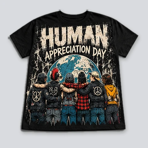 Black T-shirt with distressed Human Appreciation Day lettering and a group of friends with their arms around one another in front of Earth.