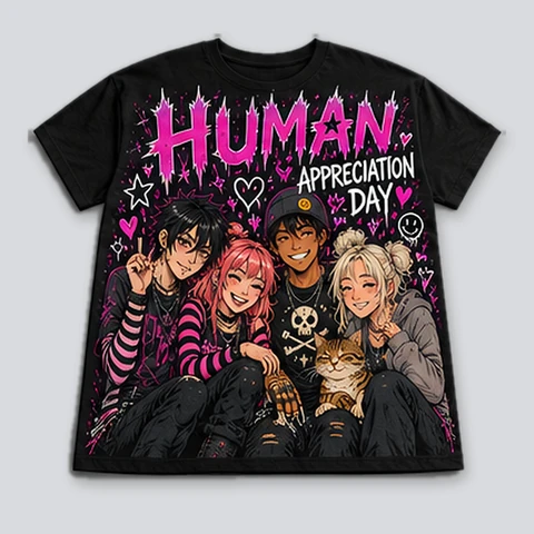 Black T-shirt with a group of smiling anime-style friends, a cat, pink lettering, stars, and hearts.