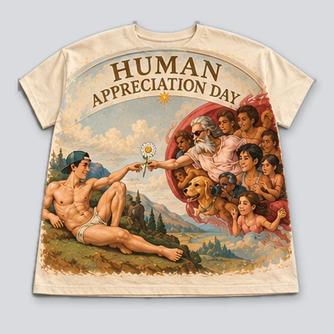 Cream T-shirt with a Renaissance-inspired scene of people reaching toward a daisy and a group of humans among clouds.