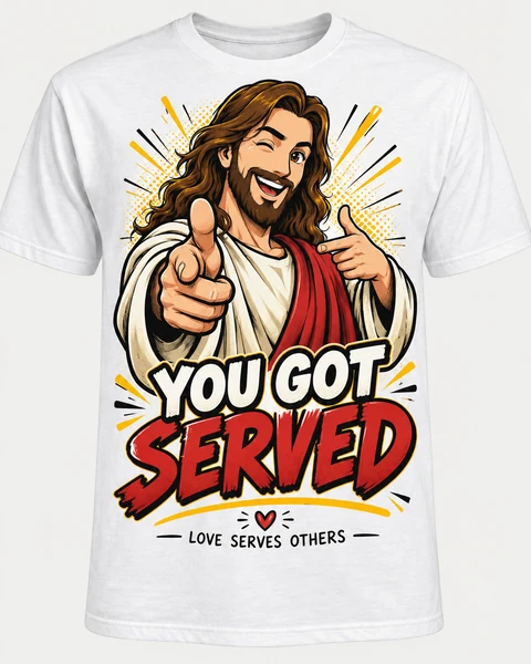 White T-shirt with a smiling cartoon Jesus pointing toward the viewer and the words You Got Served and Love Serves Others.